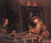 GELDER, Aert de Self-Portrait at an Easel Painting an Old Woman  sgh oil on canvas